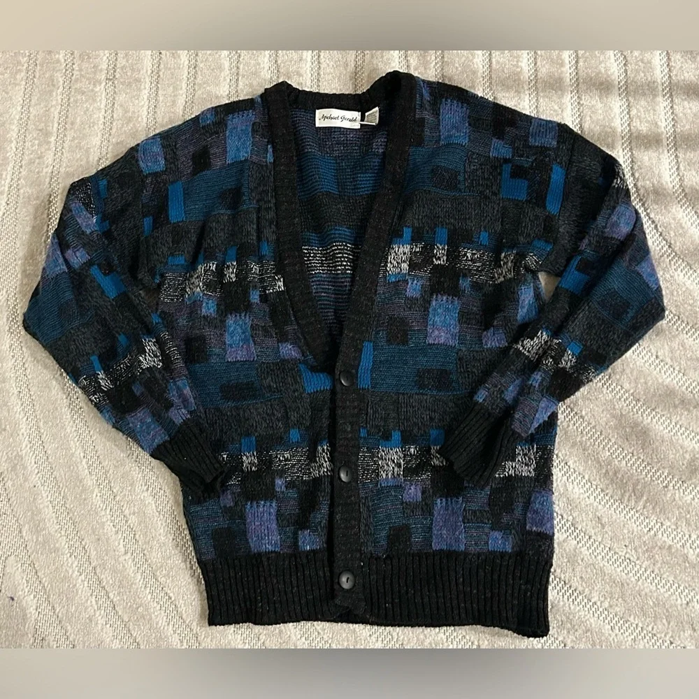 Vintage Block Pattern Grandpa Sweater Buttoned Cardigan - L